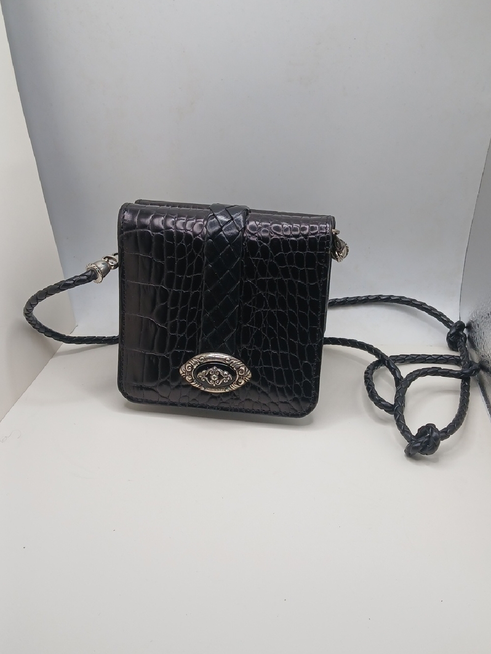 Brighton Black Croc-Embossed Leather Crossbody Bag with Silver Hardware